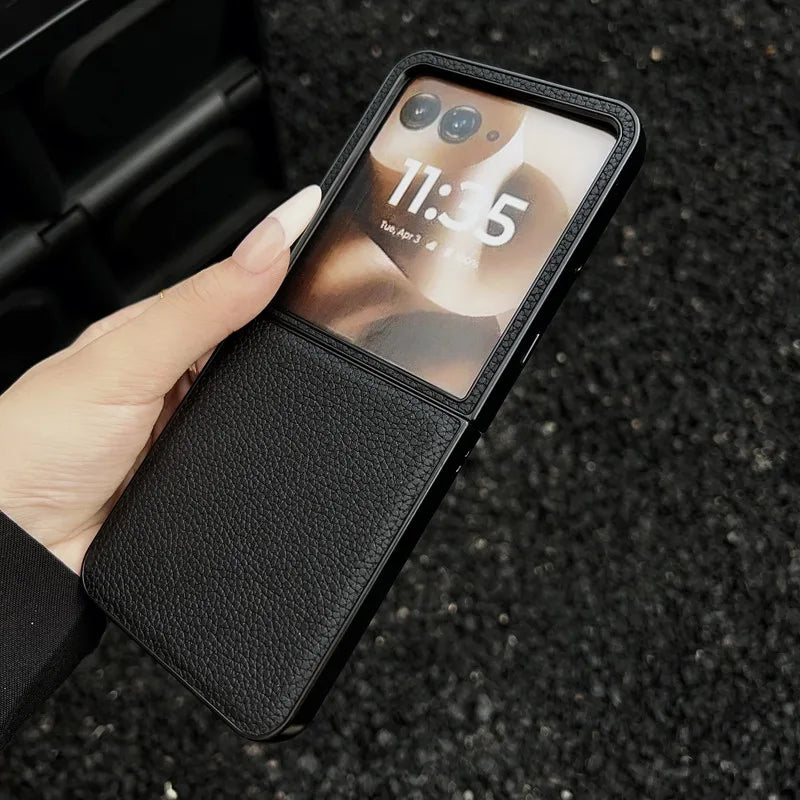 For Motorola MOTO Razr 50 60 Ultra, Razr Ultra 2025 Case ELVEV Vintage Lichee Pattern PU Leather Hard PC Phone Cover