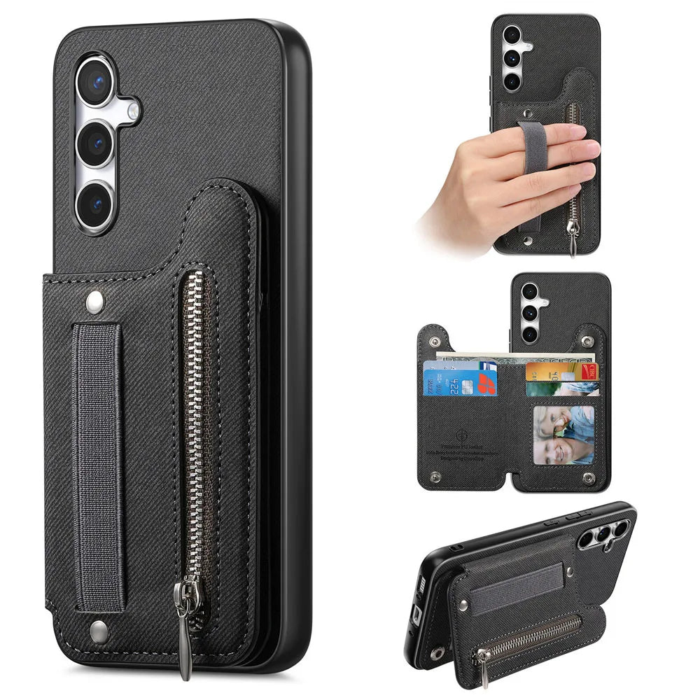 Zipper Cards Solt Wallet Leather Case For Samsung Galaxy A56 A55 A54 A53 A34 A36 A35 A25 A17 Elastic Rope Wrist Leather Cover