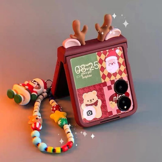 Cute 3D Deer Antler Flip Christmas Case for Motorola Razr 50 Ultra 50ultra with Bear Santa Claus Lanyard Xmas Protective Cover