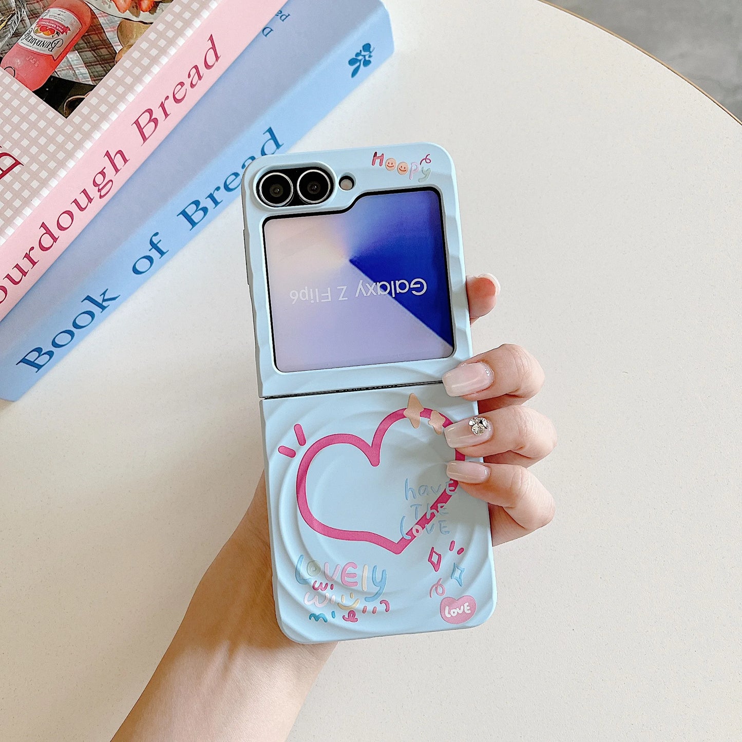 Korean Cute Star Wave Case For Samsung Galaxy Z Flip 5 6 5G Flip6 Flip5 2-piece set With Bracelet Love Heart Holder  Back Cover