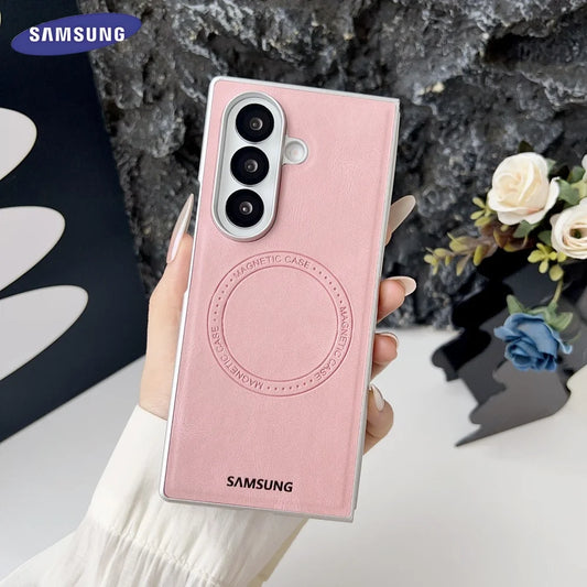 Retro Leather Cover Samsung Galaxy Z Fold 7 6 5 4 Magsafe Wireless Charging Cover For Galaxy Fold6 Fold7 Hard Shockroof Case