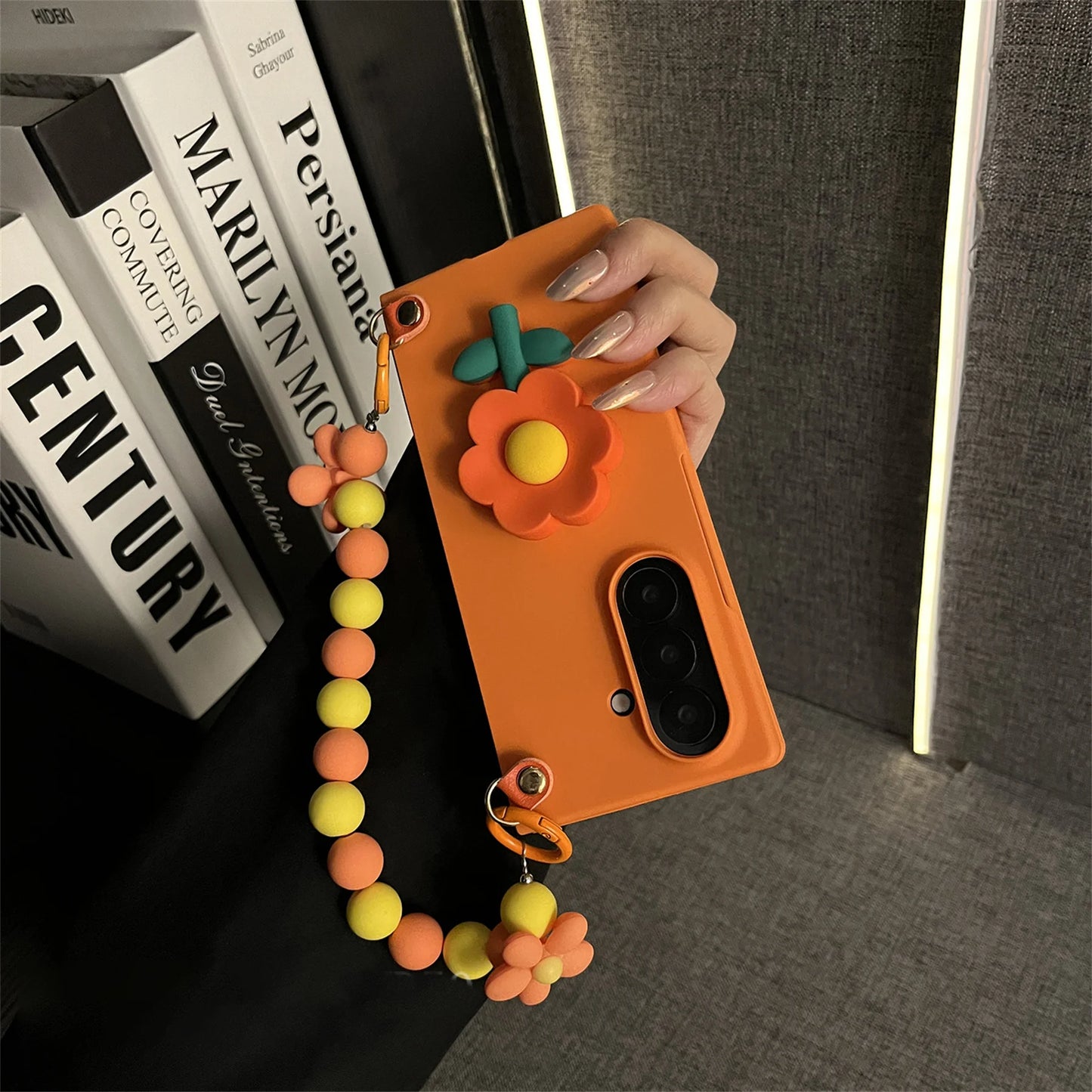 Ins Hot Orange Flower Phone Case with Beads Bracelet for Samsung Galaxy Z Fold 7 Z Fold6 Fold5 Fold7 Back Cover