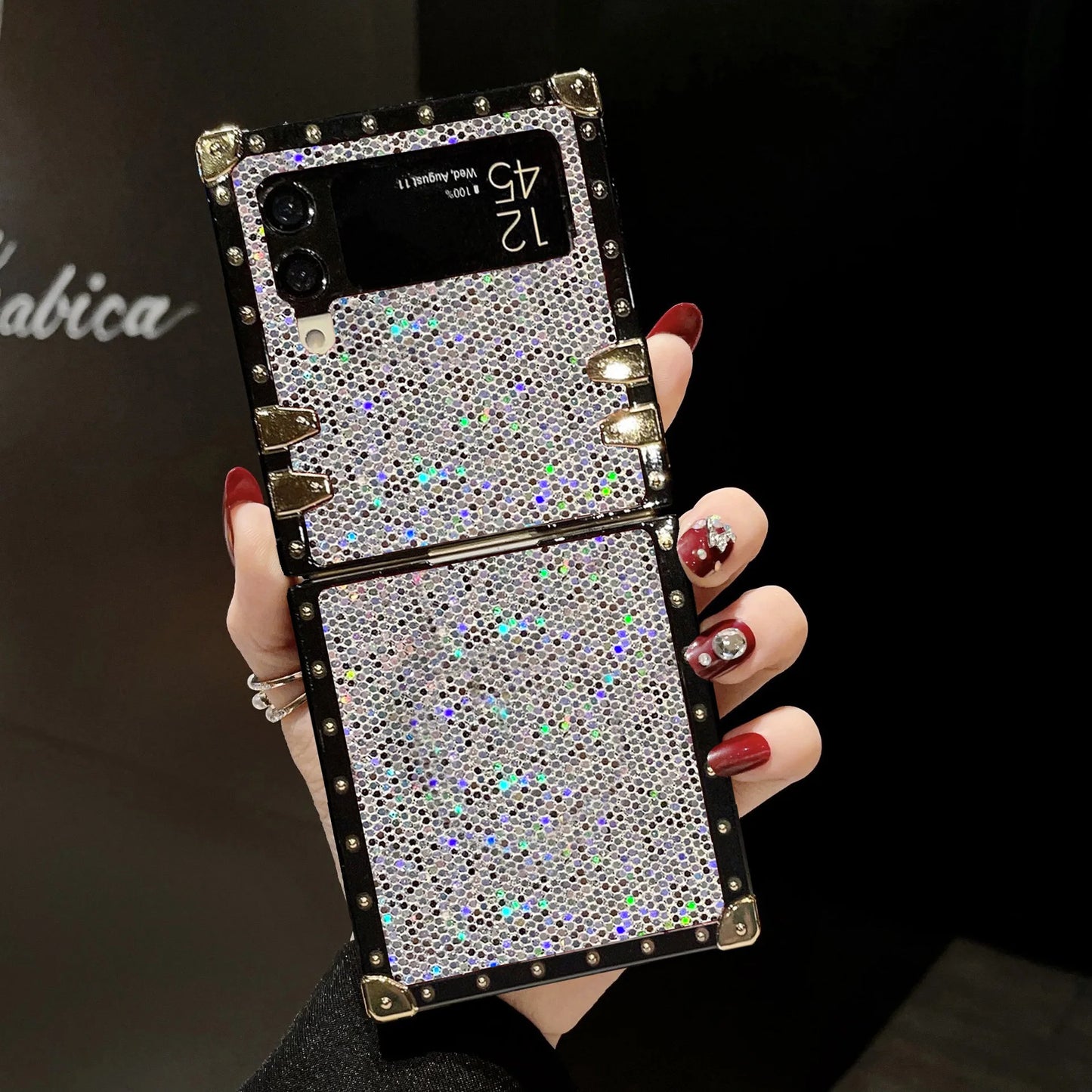 Fashion Sparkling Shockproof Phone Case For Samsung Galaxy Z Flip 7 6 5 4 3 Flip7 FE Starry Sky Leather Square Back Cover