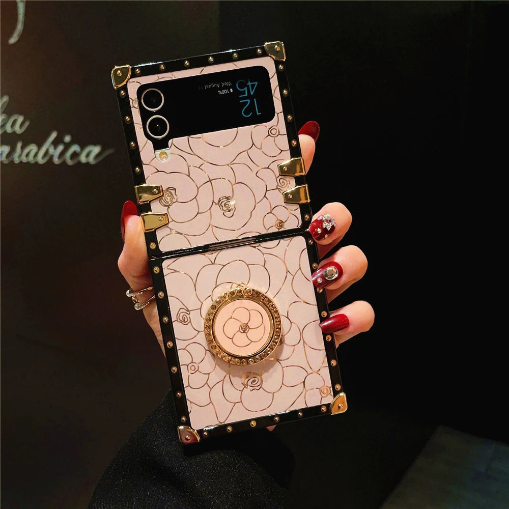 Luxury Shockproof Cover Retro Glitter Gold Line Rose Flower Phone Case for Samsung Galaxy Z Flip 7 Flip 6 Z Flip 5 Flip 4 Flip 3