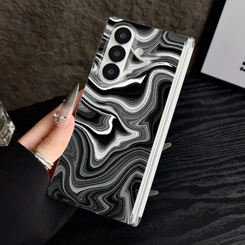 Magnetic Adsorption Clear Case For Samsung Galaxy Z Fold 7 6 5 Fold7 Fold6 Fold5 5G Retro Marble Pattern Shockproof Phone Cover