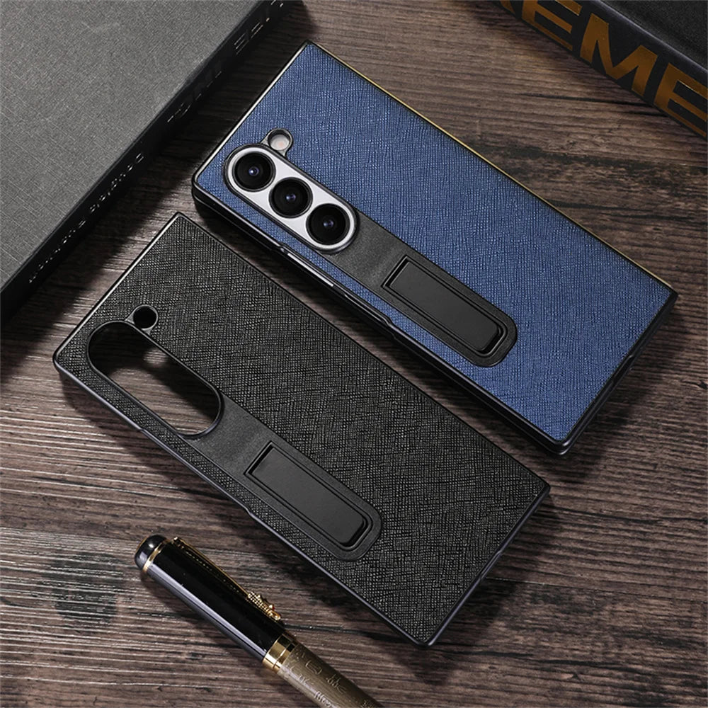 For Samsung Galaxy Z Fold 6 5 Luxury Leather Invisible Stand Holder Case Shockproof Bumper Back Cover For Galaxy Fold 4 3 Fold 6