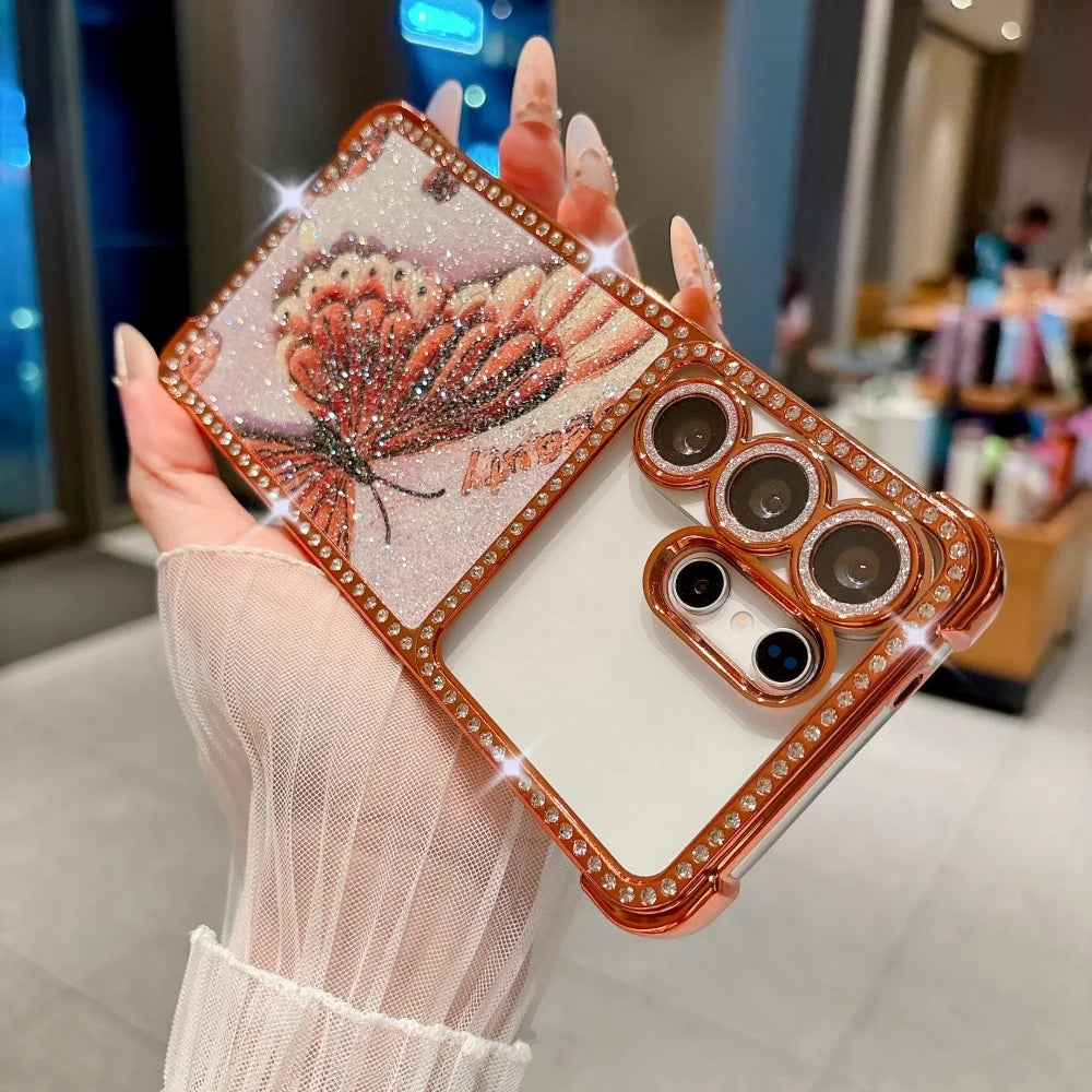 Bling Glitter Diamond Butterfly Phone Case For Samsung Galaxy S26 S25 S24 S23 S22 Ultra Lens Protection Plating Shockproof Cover