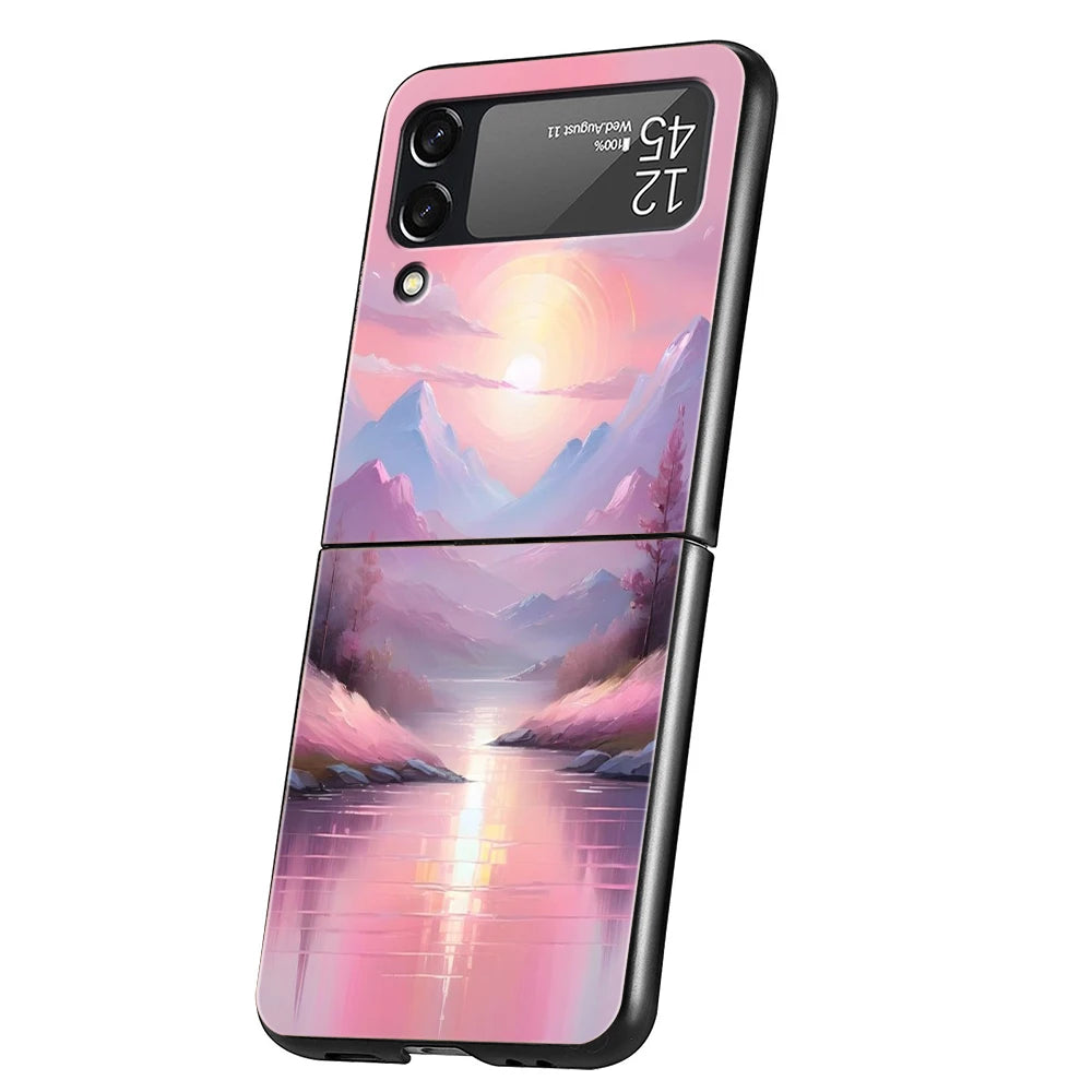 Hard PC Phone Case For Samsung Galaxy Z Flip 7 6 5 4 Black Cover For Galaxy Z Flip 3 Foldable Shockproof Pink Sunset Mountain