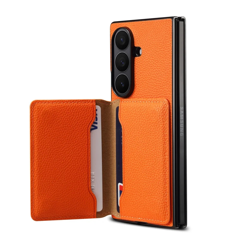 Luxury Litchi Leather Solt Card Holder Folding Wallet Case For Samsung Galaxy Z Fold 7 6 Fold5 Shockproof Soft Silicone Cover