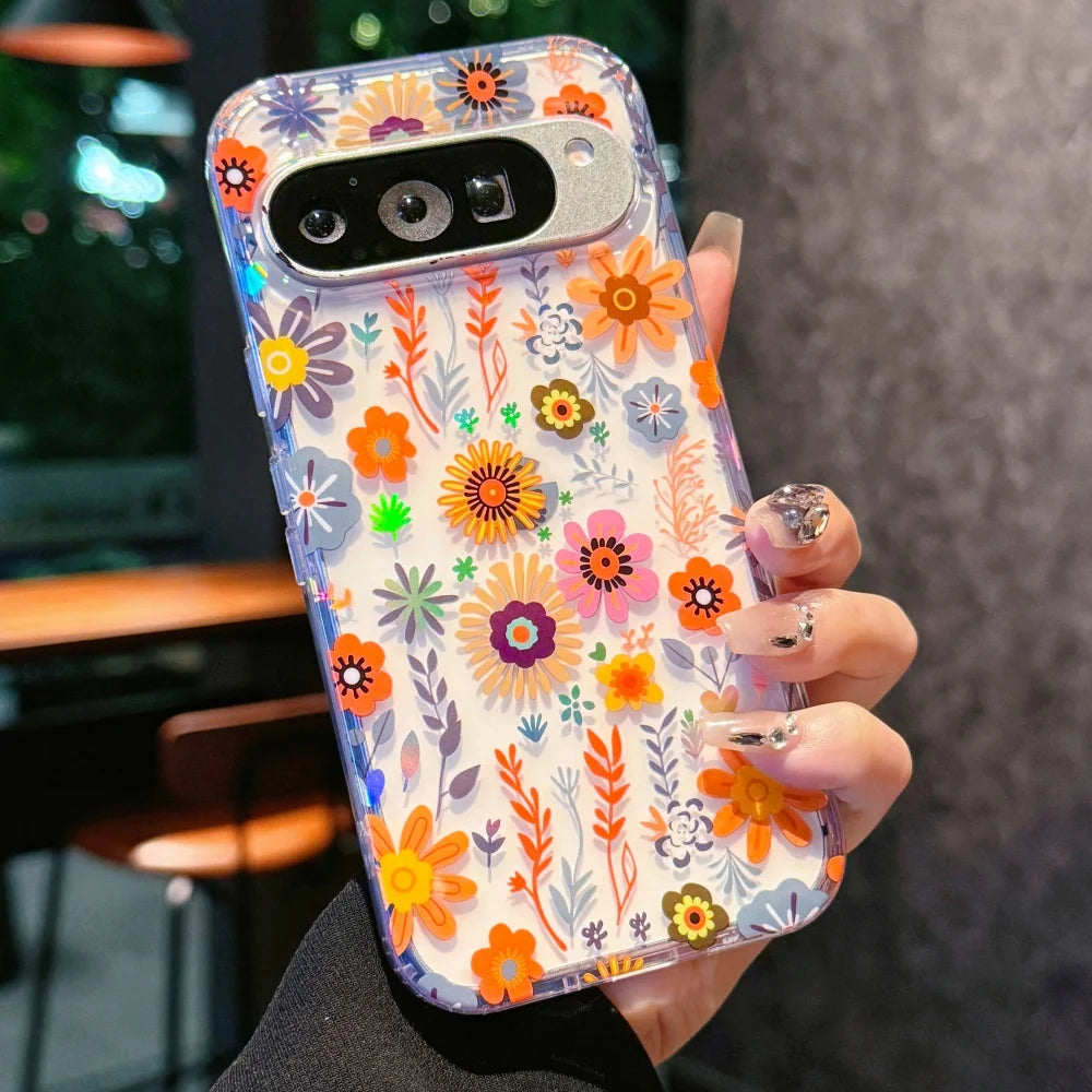 Laser Flower Reflective Phone Case For Google Pixel 10 10Pro XL 9 Pro XL 9A Transparent Floral Print TPU Shockproof Airbag Cover