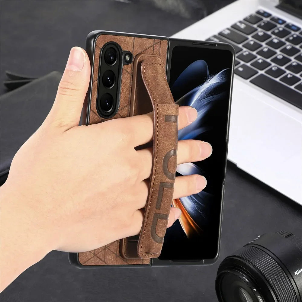 Wrist Strap PU Leather Cover for Samsung Galaxy Z Fold 6 5 4 3 5G Hard PC Phone Case with S Pen Holder & Finger Grip(no Pen)