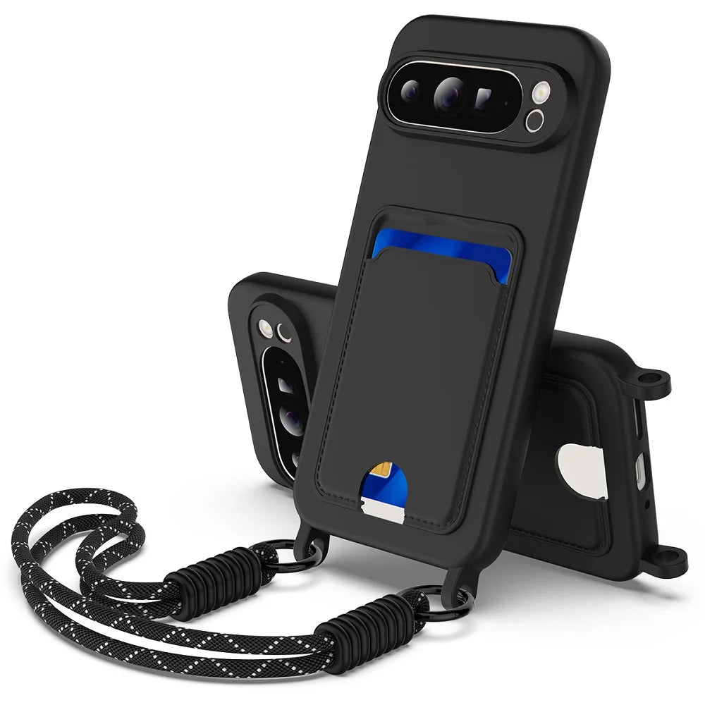 Soft Liquid Silicone Phone Case For Google Pixel 9 Pro XL Pixel 10 9 8 Pro 8A with Lanyard Card Case Shockproof Protective Cover