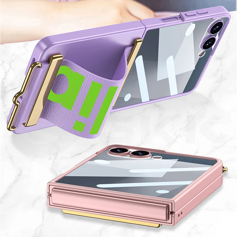For Samsung Galaxy Z Flip 7 Case Plain Leather Wristband Holder Outer Screen Glass Plastic Matte Cover For Galaxy Z Flip7 Case