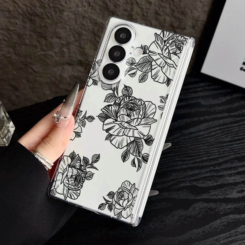 Magnetic Adsorption Clear Phone Case For Samsung Galaxy Z Fold 7 6 5 Fold7 Fold6 Fold5 5G Flowers Pattern Shockproof Hard Cover