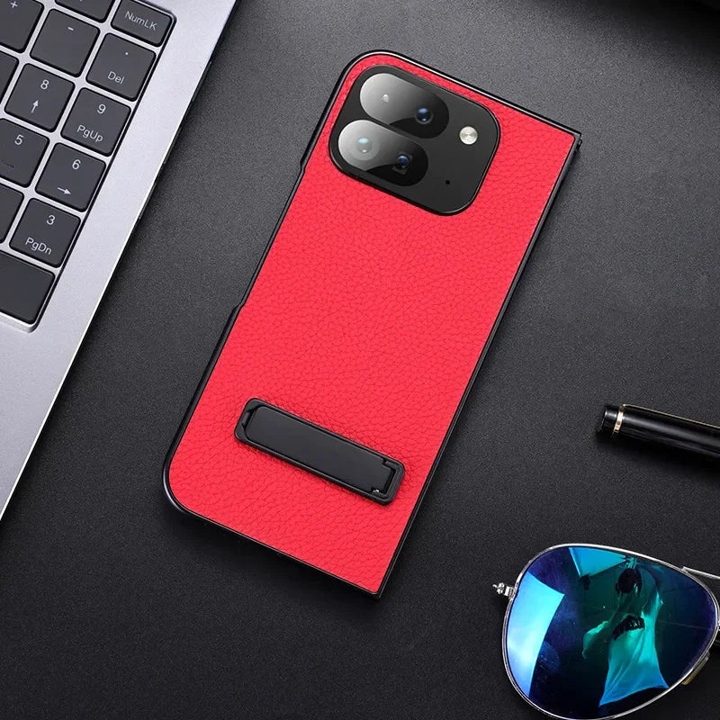 For Google Pixel 9 Pro Folding Case ELVEV Luxury PU Leather + TPU Camera Protection Cover with Metal Kickstand