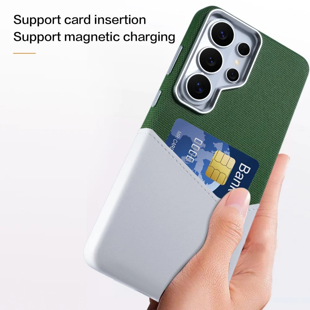 For MagSafe Card Slot Holder Phone Case For Samsung S26Ultra S25 S24 Ultra Linen Leather Magnetic Shockproof Wallet Soft Cover
