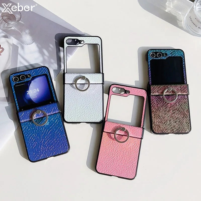 Fashion Gradient Color Cute Ring Phone Case For Samsung Galaxy Z Flip 5 4 3 Flip4 Flip3 Flip5 5G Leathers Hinge Protective Cover