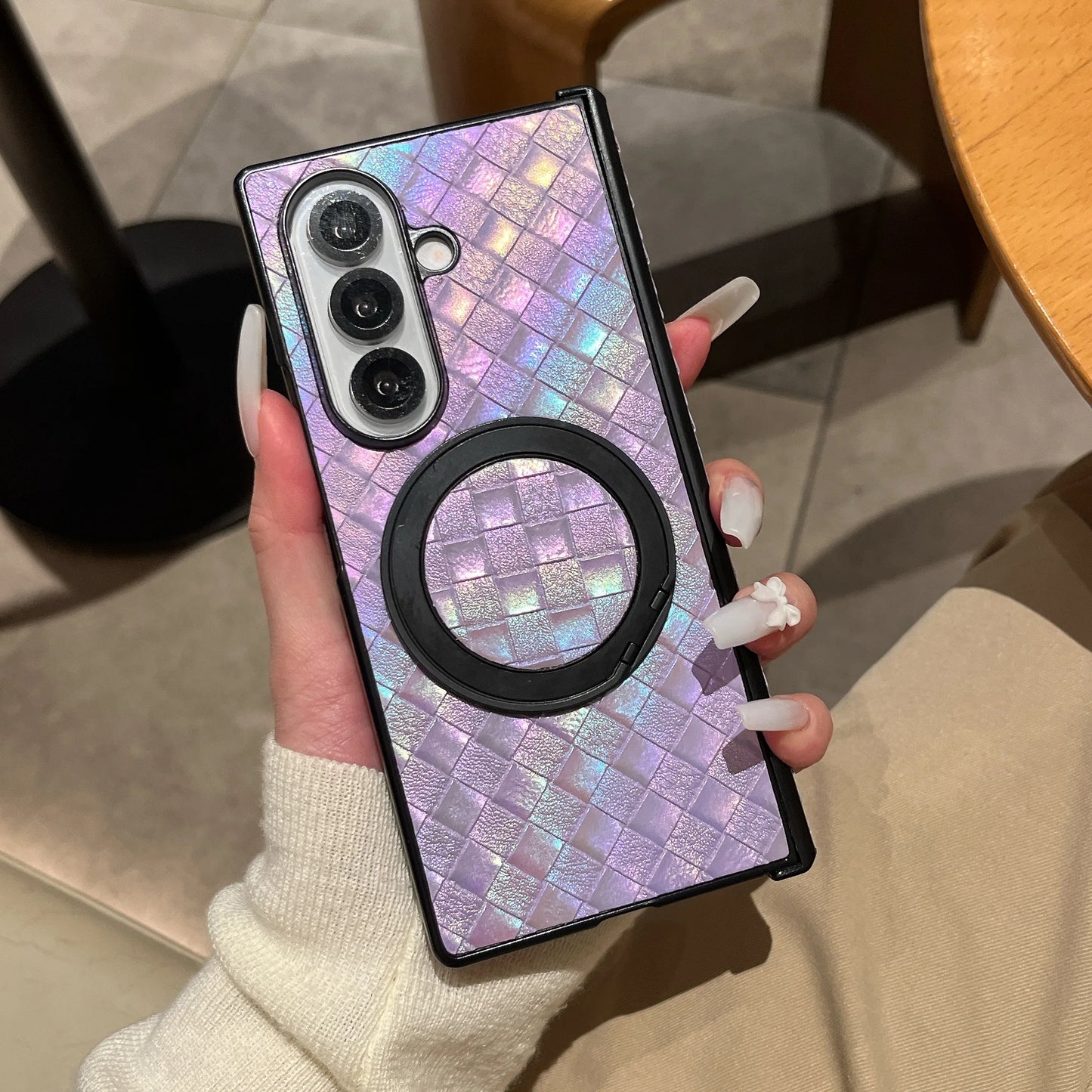 High-End Full Protection Mesh Pattern Magnetic Ring Stand Middle Axis Protective Phone Case for Z Fold 7 6 5 4 3