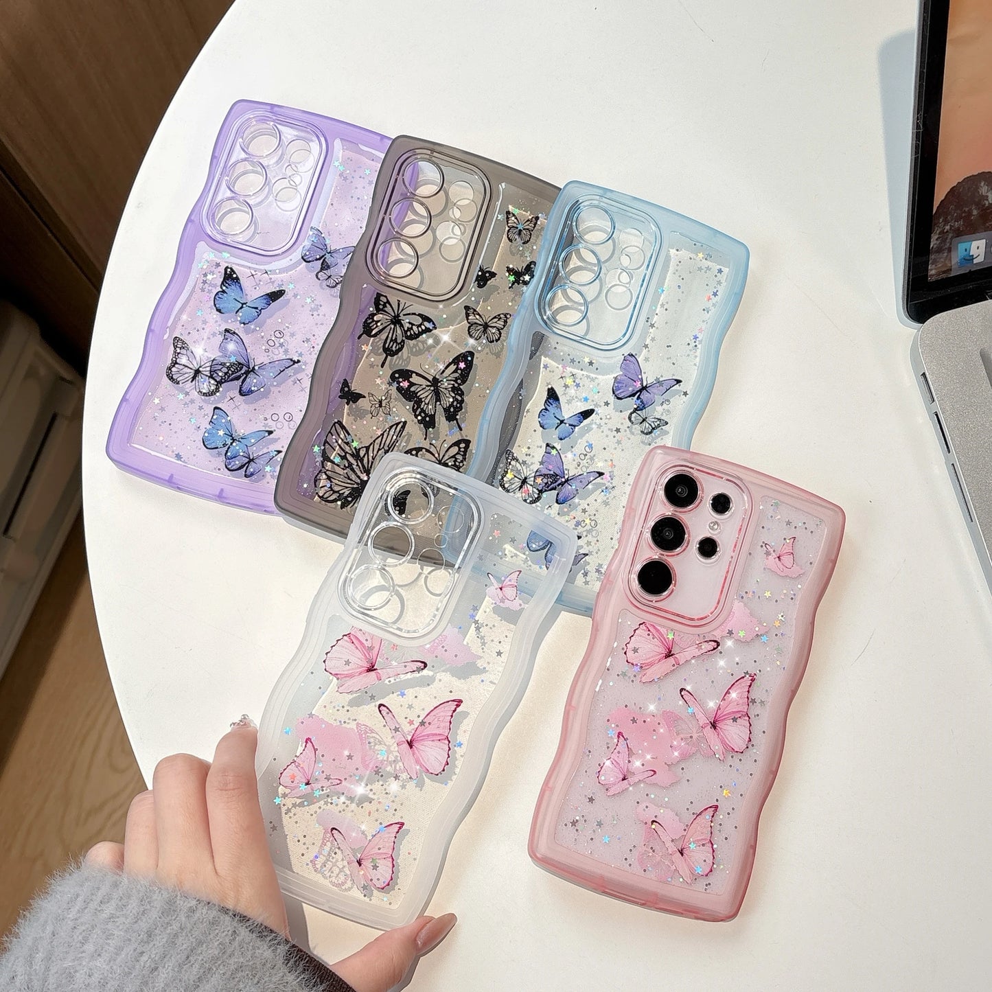 Glitter Starry Sky Butterfly Resin Irregular Wavy Edge Phone Case for Samsung Galaxy S 22 23 24 25 Ultra Plus FE Anti-drop Cover
