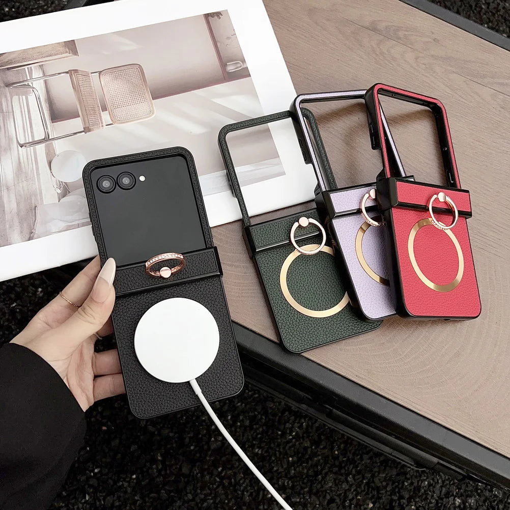 Lychee Plain Leather Metal Finger Ring and Magnetic Ring Case For Motorola Razr 60 Ultra razr60 Moto Razr 50 razr+ 2024 Cover