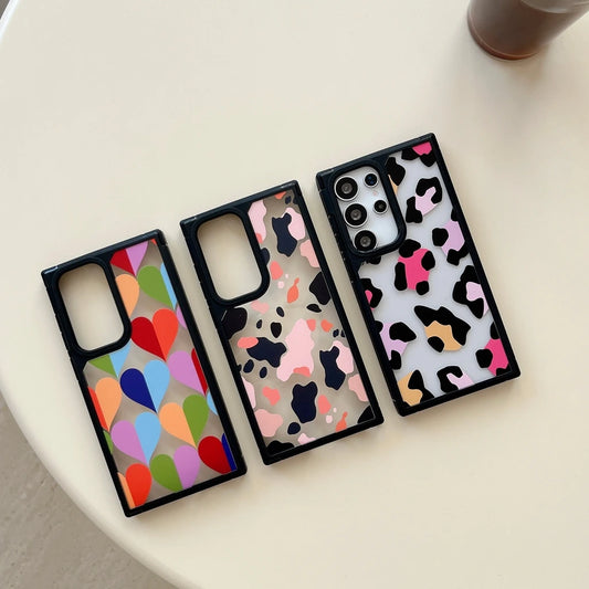Full Screen Color Collision Leopard Print Love Heart Phone Cover Case for Samsung Galaxy S22 S23 S24 S25 Plus Ultra S23 S24 FE