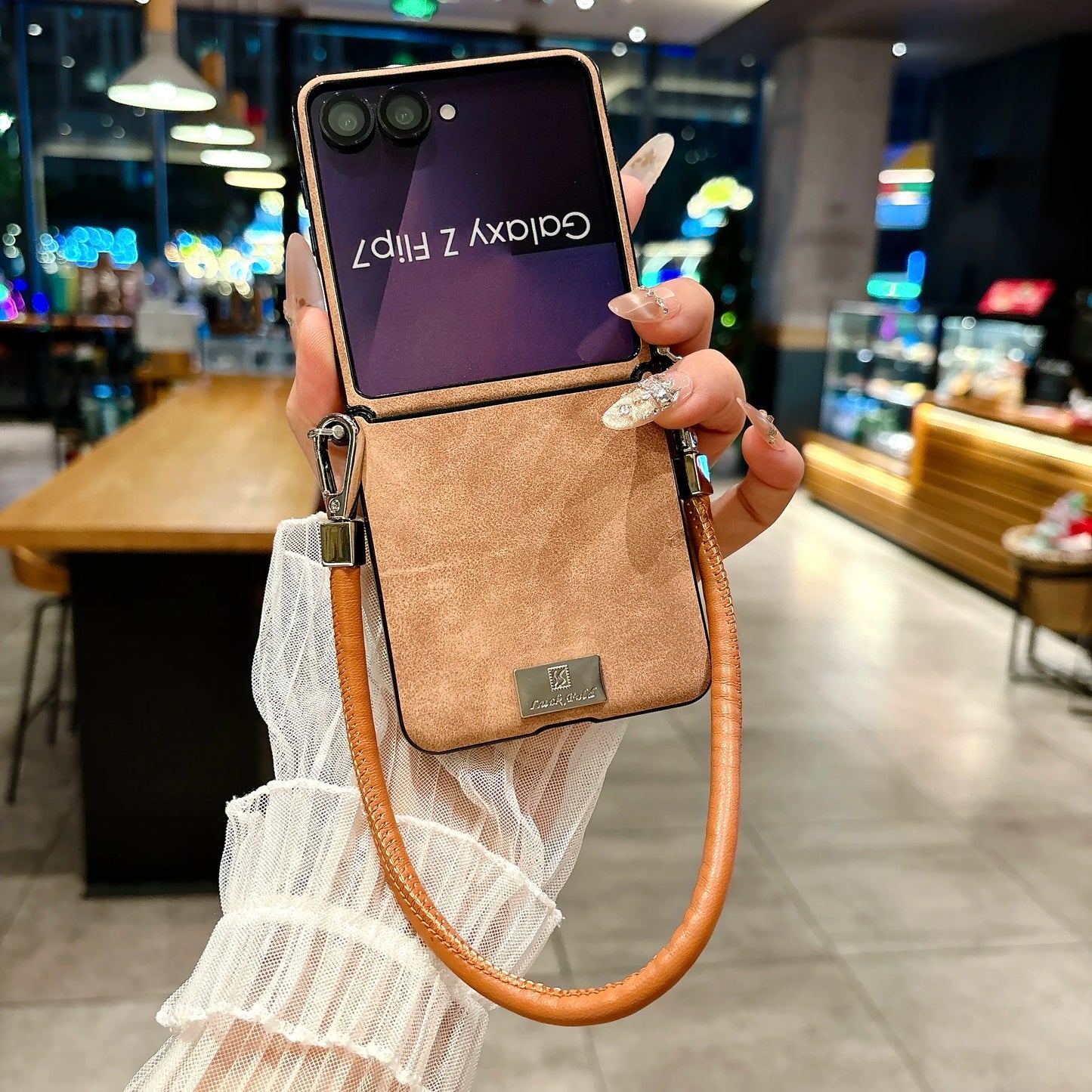 Luxury Sheepskin Leather Case with Nameplate For Samsung Galaxy Z Flip 7 6 5 4 3 5G ZFlip7 FE Fashion Back Cover With lanyard