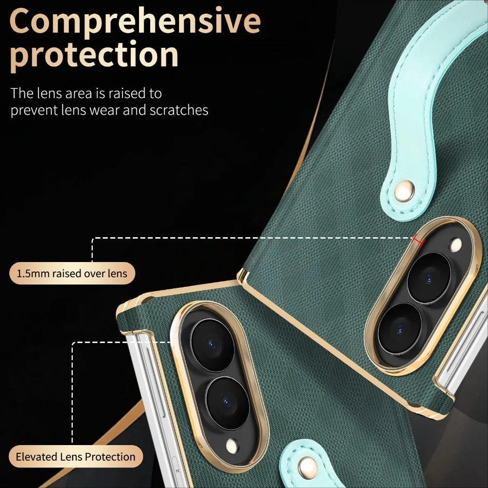 Business Plaid Leather Texture Case for Samsung Galaxy Z Fold 8 Ultra Fold7 6 Dual-Axis Hinge Protection Wrist Strap Fit Cover