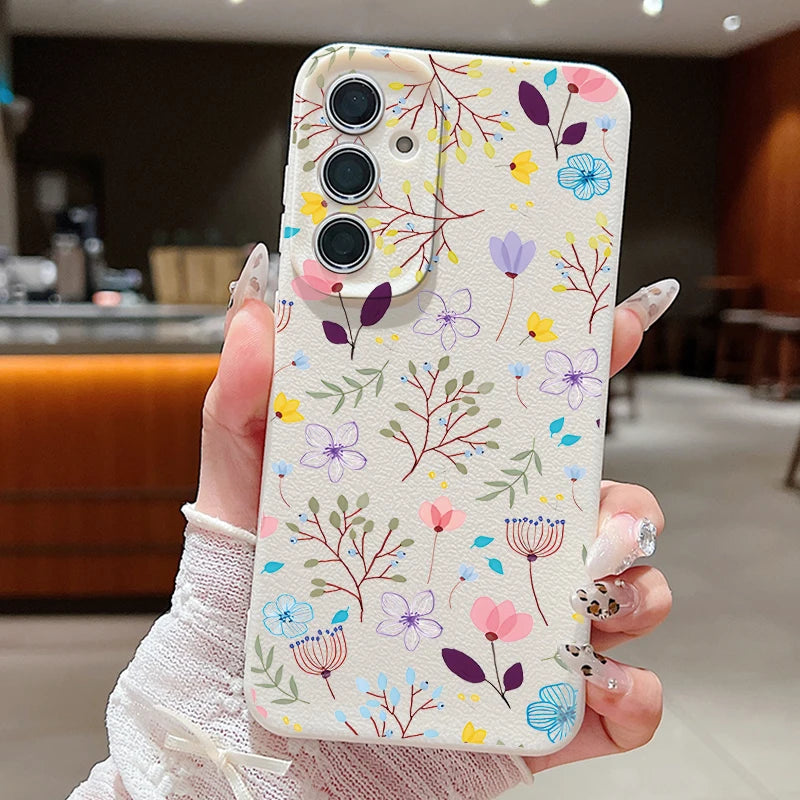 Floral Flowers Leather Texture TPU Case For Samsung Galaxy S24 FE S25 S23 S22 Ultra A16 A55 A15 A54 A35 A25 A56 5G Phone Cover