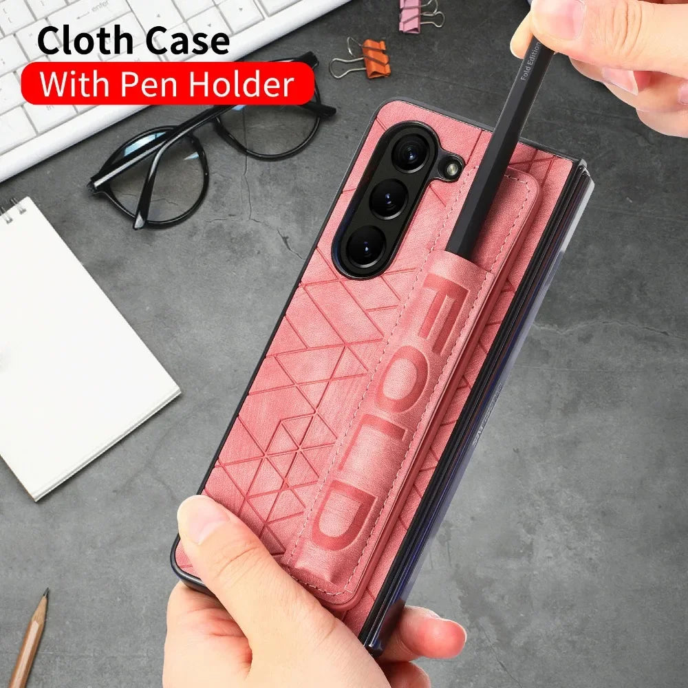 Wrist Strap PU Leather Cover for Samsung Galaxy Z Fold 6 5 4 3 5G Hard PC Phone Case with S Pen Holder & Finger Grip(no Pen)