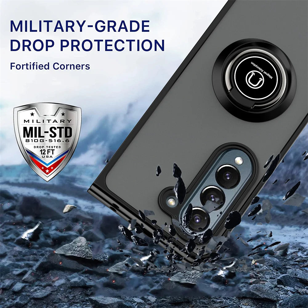 Matte Rotating Holder Magnetic Phone Case For Samsung Galaxy Z Fold 7 6 5 4 3 Car Ring Armor Shockproof Cover