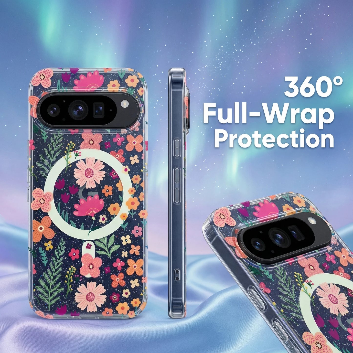 For Google Pixel 10ProXL 9ProXL 9/10Pro 10A 9A Phone Case, IMD Floral Transparent Glitter Gradient Blue Light Shockproof Cover.