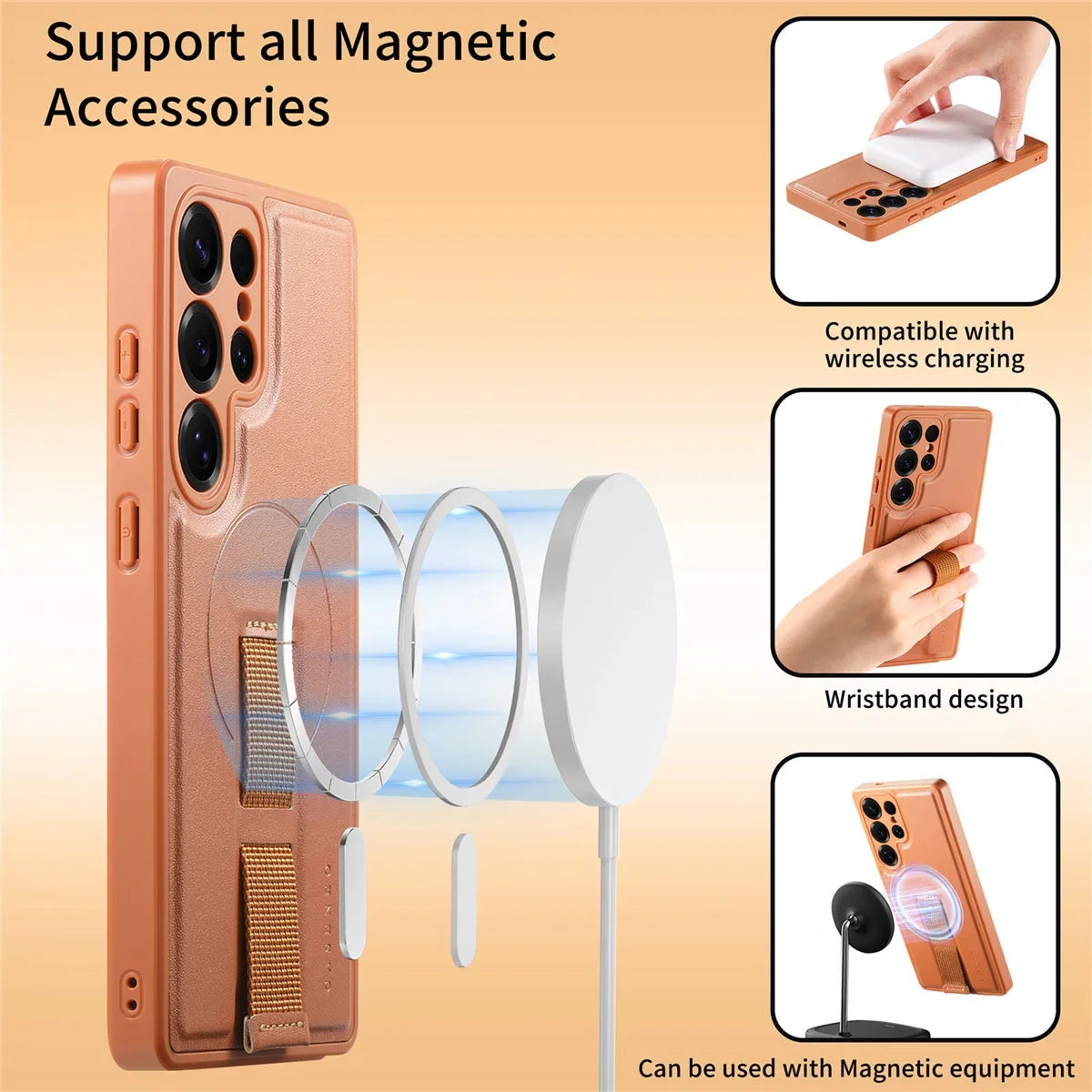 For Magsafe Magnetic Wrist Strap Phone Case for Samsung Galaxy S25 Edge S25 Ultra S24+ Plus Leather ShockProof Protective Cover