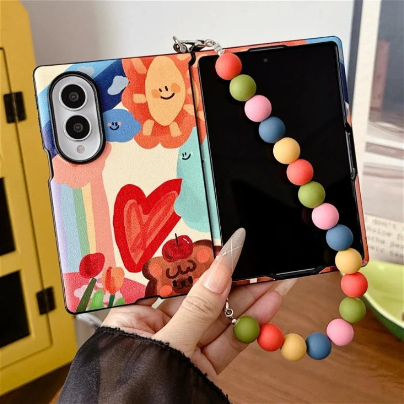Luxury Oil Painting Sun Phone Case For Samsung Galaxy Z Fold 8 ZFold8 Side Buckle Protection Cover With Colorful Beads Chain