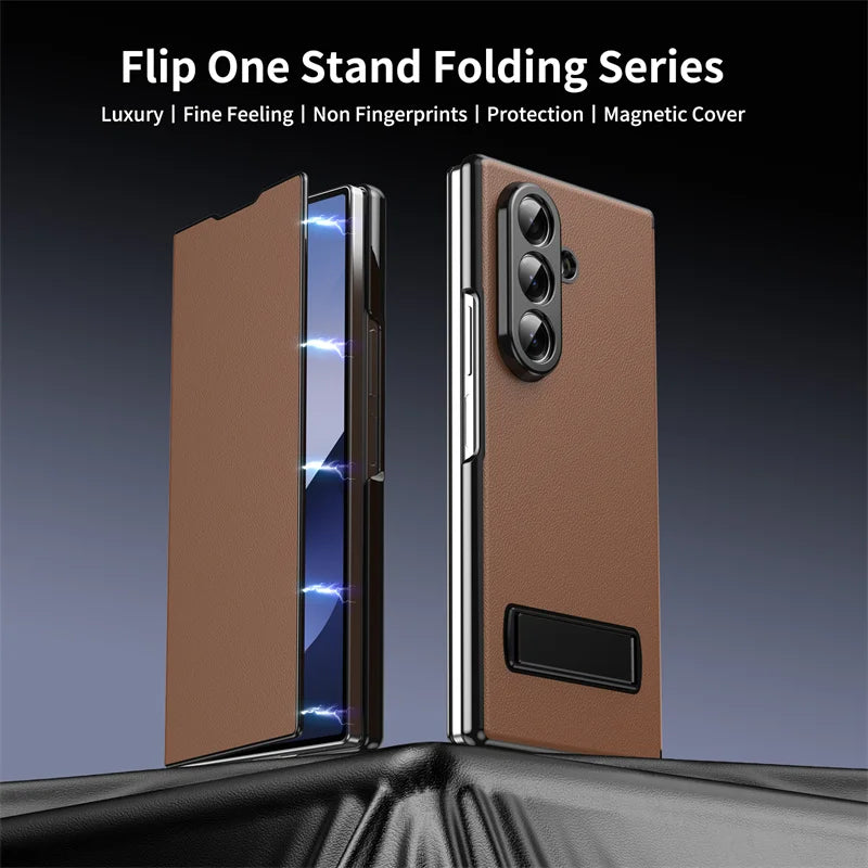 Business Leather Invisible Bracket Phone Case For Samsung Galaxy Z Fold 6 5 7 Stand Holder Bumper Thin Cover For Galaxy Fold 4 3