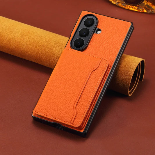 Luxury Litchi Leather Solt Card Holder Folding Wallet Case For Samsung Galaxy Z Fold 7 6 Fold5 Shockproof Soft Silicone Cover