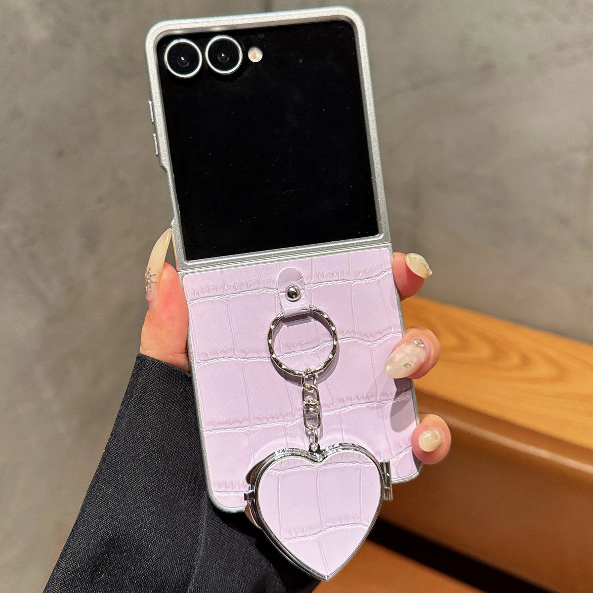 Crocodile Patterned Leather Case For Samsung Galaxy Z Flip 8 Heart Make up Miroor Cover For Samsung ZFlip7 Z Flip 6 5 4 3 Cover