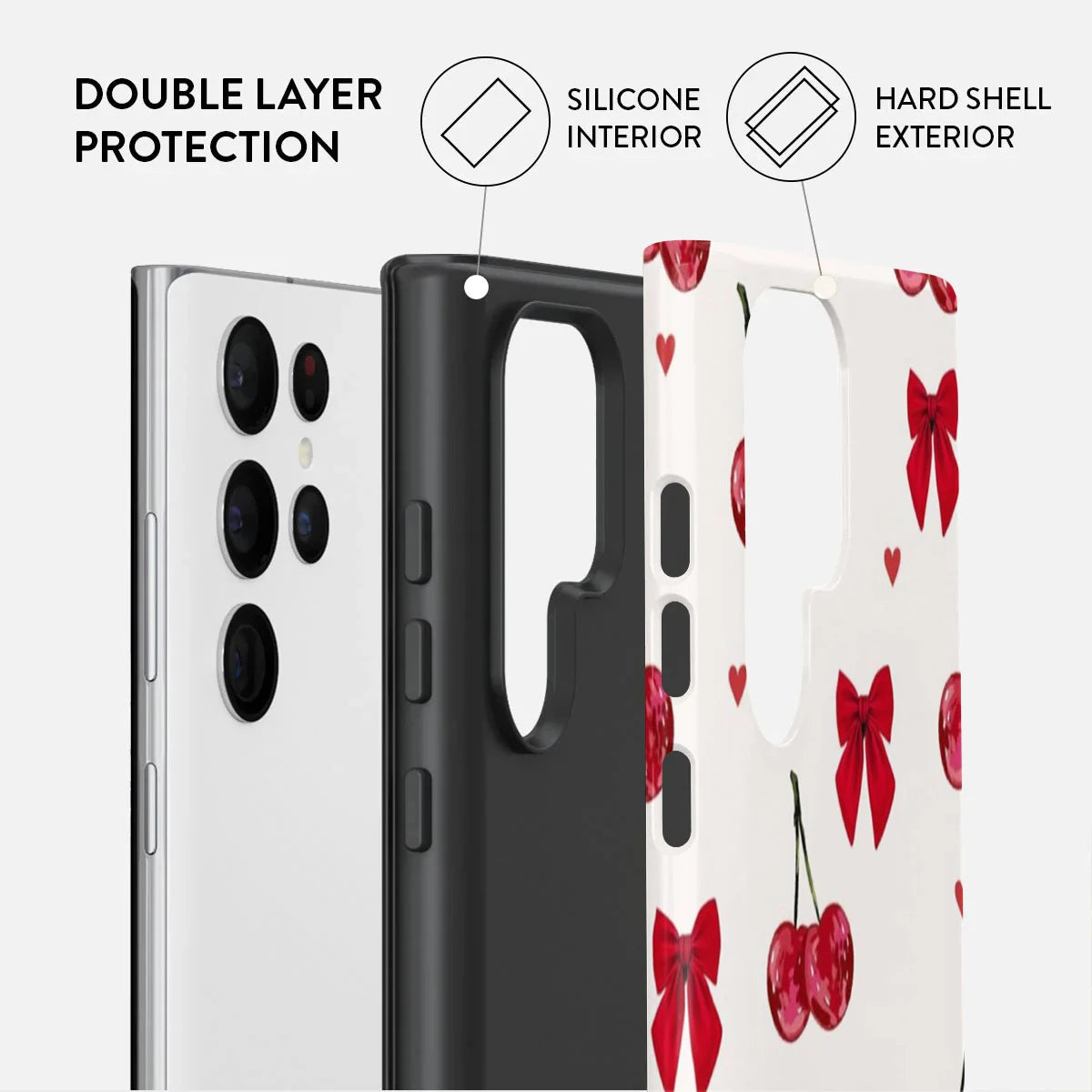 Two in One Phone Case for Samsung S25 S24 S23 S22 A56 A36 A26 A16 Ultra PRO Plus FE Red Cherry And Bow Tie Hard Acrylic