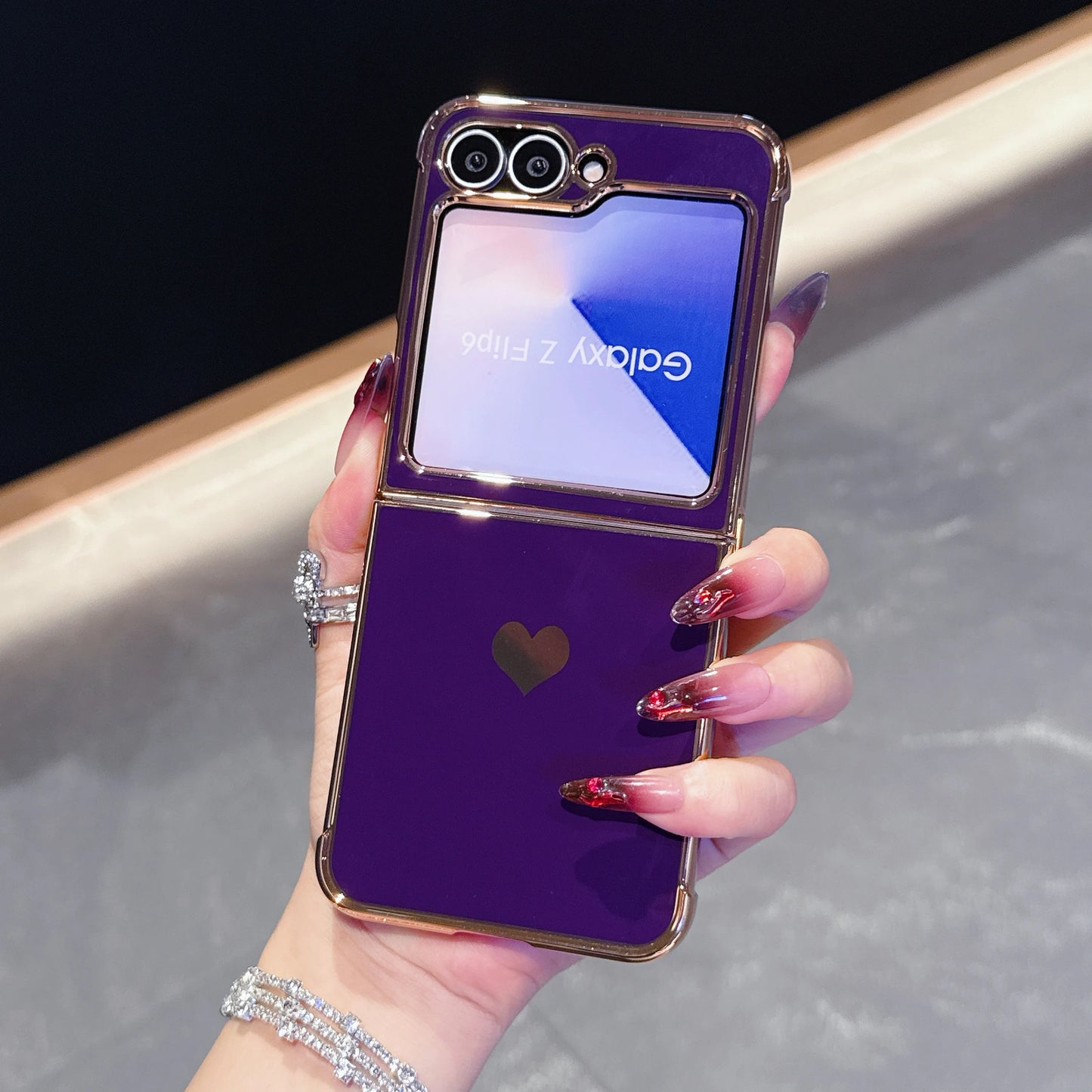 For Samsung Galaxy Z Flip 7 FE 6 5 Love Heart Pattern Fold Phone Case Luxury Electroplated Shockproof Soft Cover