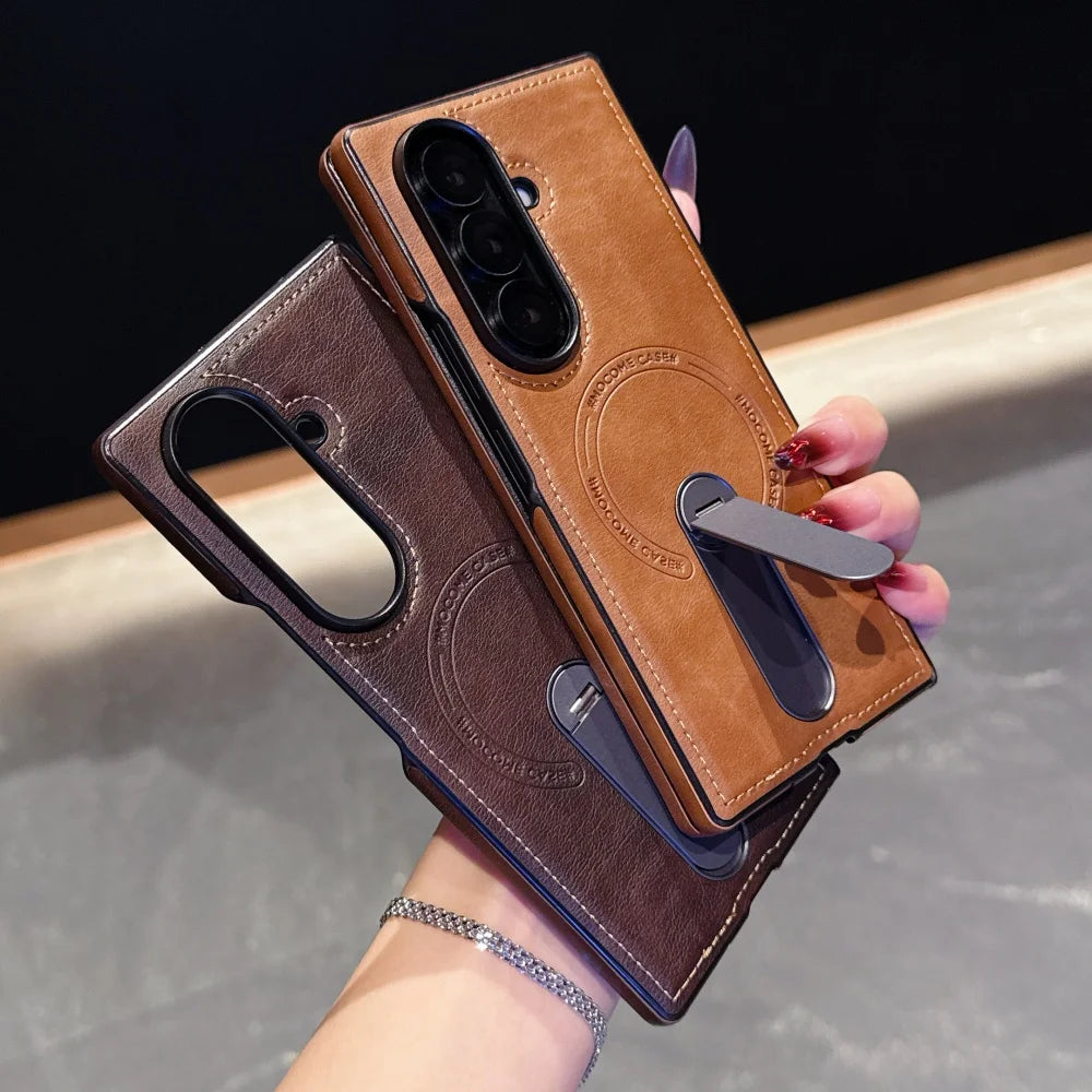 Luxury Magnetic Leather Case For Samsung Galaxy Z Fold 7 6 5 4 3 5G Folding Bracket Holder Wireless Charging Cover For Zfold7