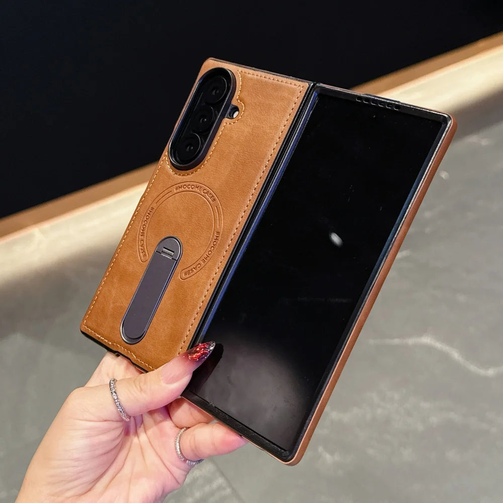 Luxury Magnetic Leather Case For Samsung Galaxy Z Fold 7 6 5 4 3 5G Folding Bracket Holder Wireless Charging Cover For Zfold7
