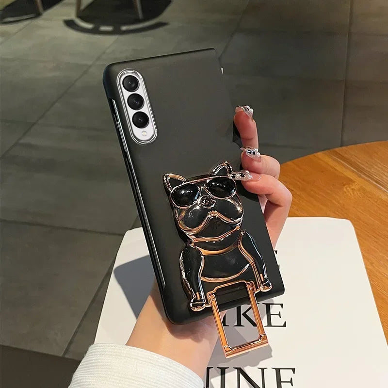 Luxury Fashion Cartoon Electroplated Dog Bracket Case For Samsung Galaxy Z Fold 7 6 5 4 3 2 5G Shockproof Matte Skin Feel Cover