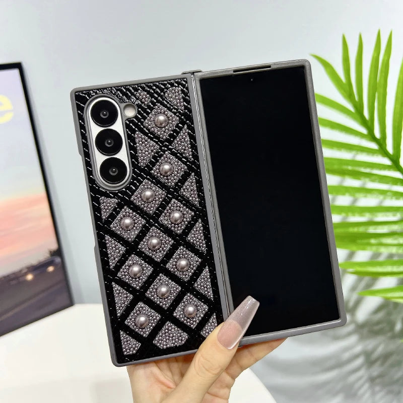 New Luxury Solid Color Pearl Shockproof Folding Phone Case For Samsung Galaxy Fold 6 5 4 3 Bumper Back Cover