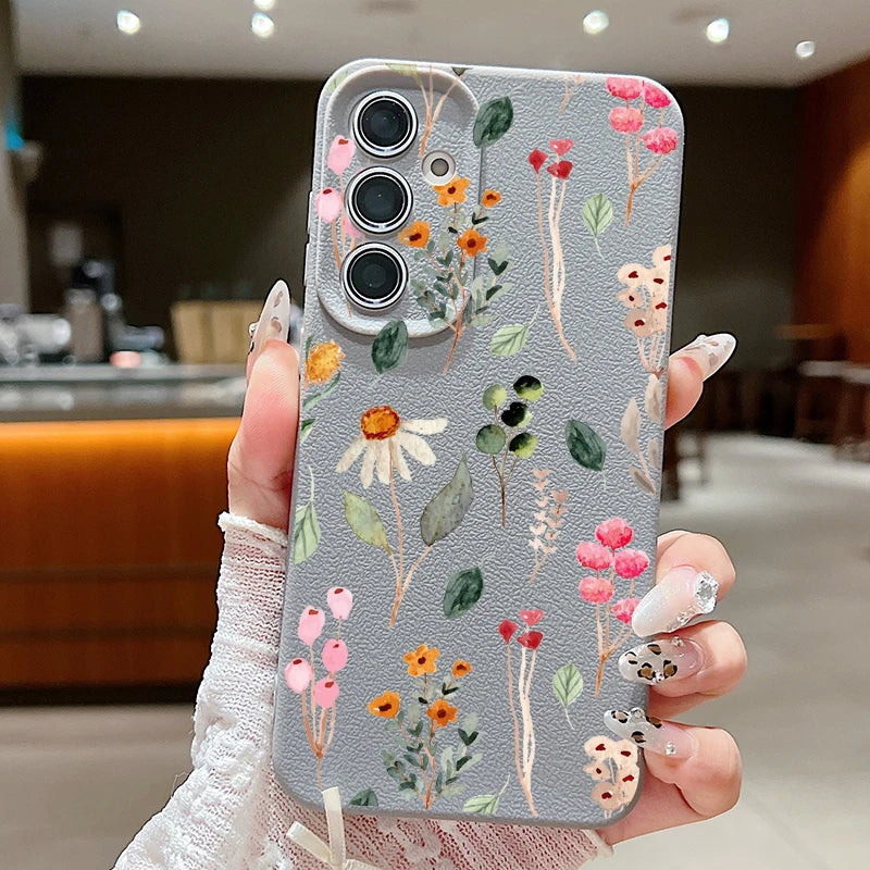 Small Flowers Leather Texture TPU Case For Samsung Galaxy A16 A55 A15 A54 A35 A25 A56 5G S24 FE S25 S23 S22 Ultra Phone Cover