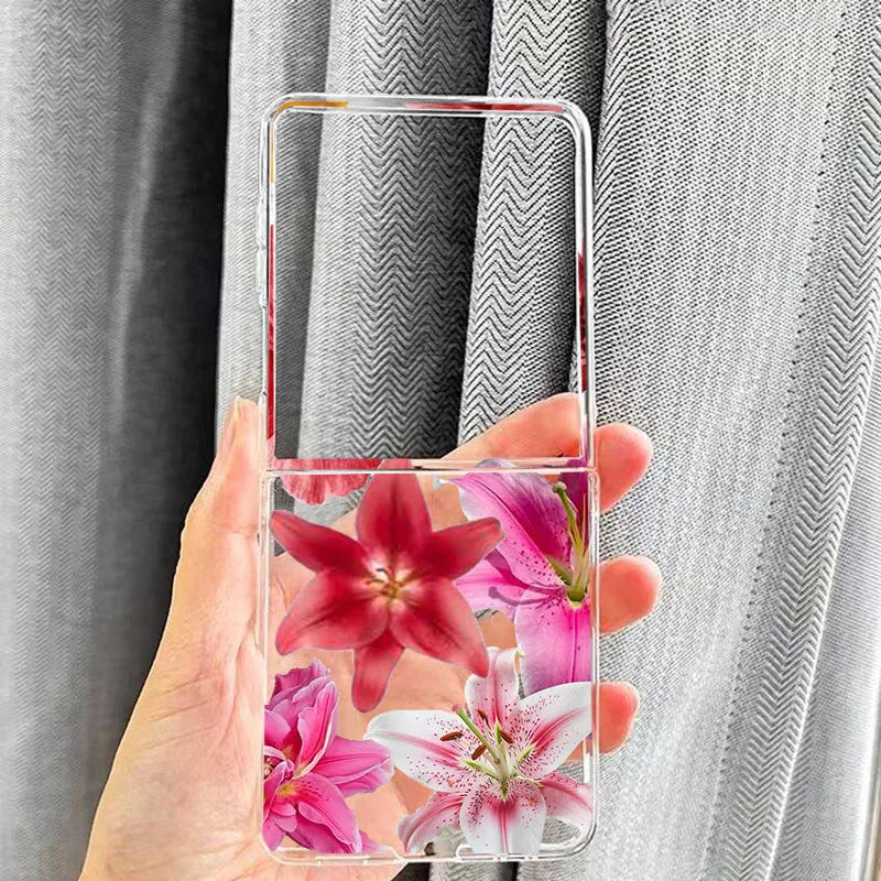 INS Pink Lily Flower Pattern Phone Case For Samsung Galaxy Z Flip 7 6 5 3 4 Hibiscue Clear Hard PC Folding Cover For Z Flip 5