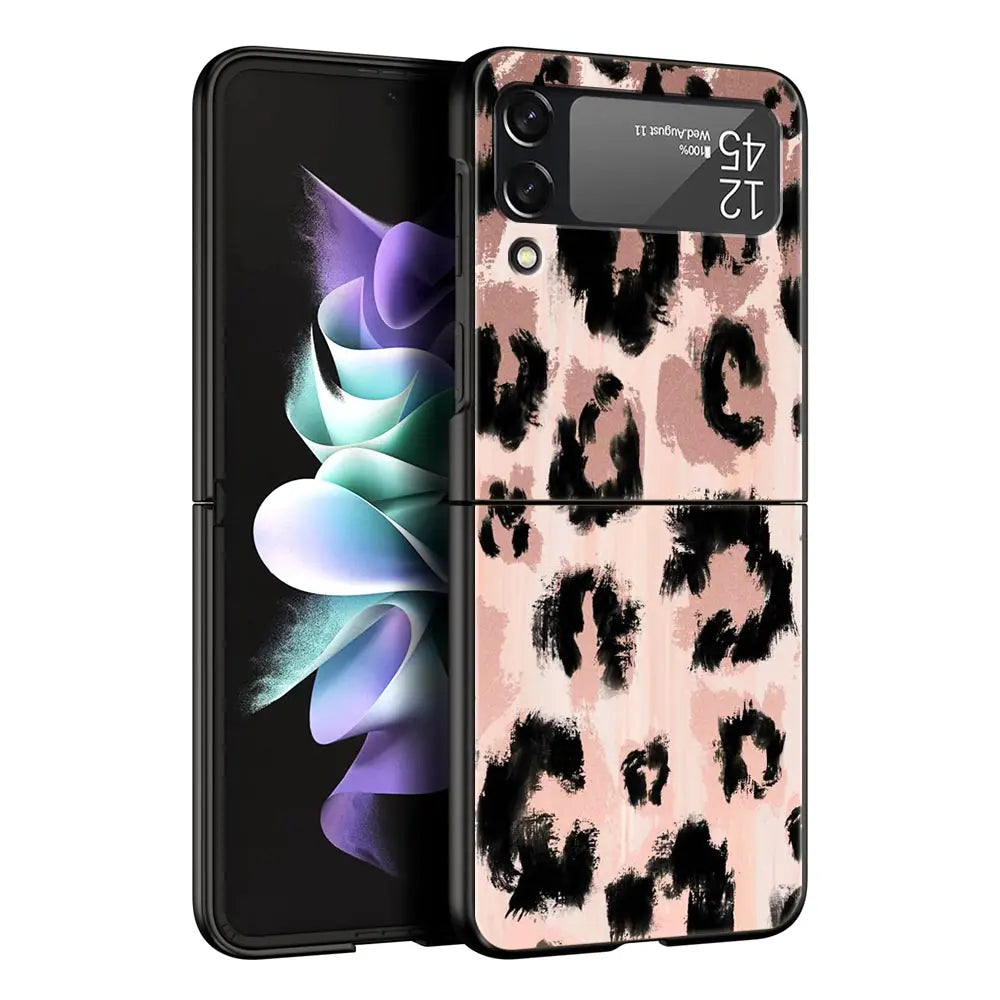 Leopard Print Pattern Phone Case For Samsung Galaxy Z Flip3 Flip4 Flip5 Shell For Z Flip 3 Flip 5 4 5G Black Hard Folding Cover