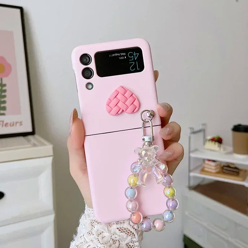 Cute Bear Colorful Beads Bracelet Case For Motorola Razr 40 Ultra 50 Ultra 2023 Plus 2024 Plus Candy Color Heart Hard PC Cover