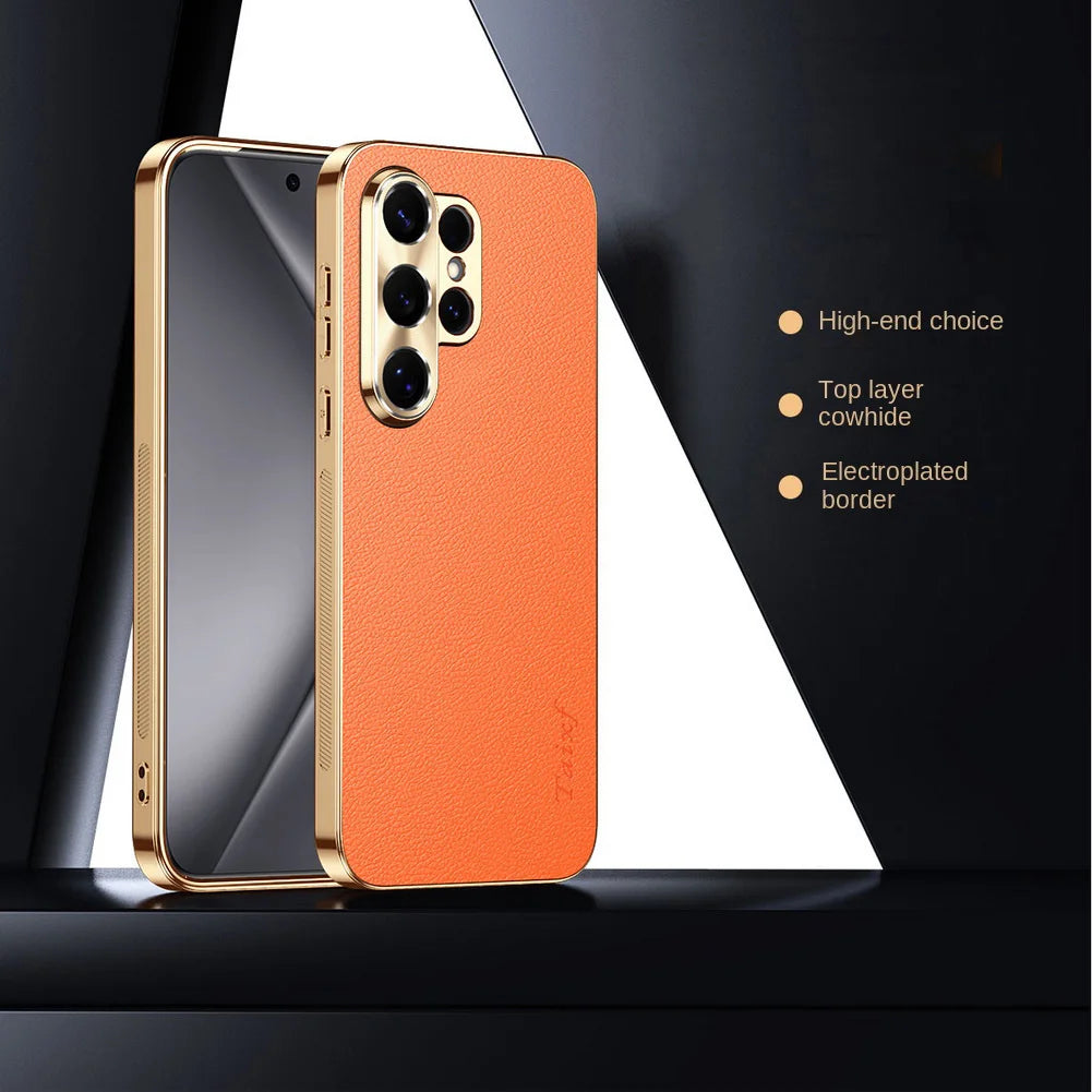 First Layer of Cowhide Lychee Texture Electroplated Frame Case For Samsung S26 Ultra S26 + Galaxy S25 Ultra S25 FE Edge Cover