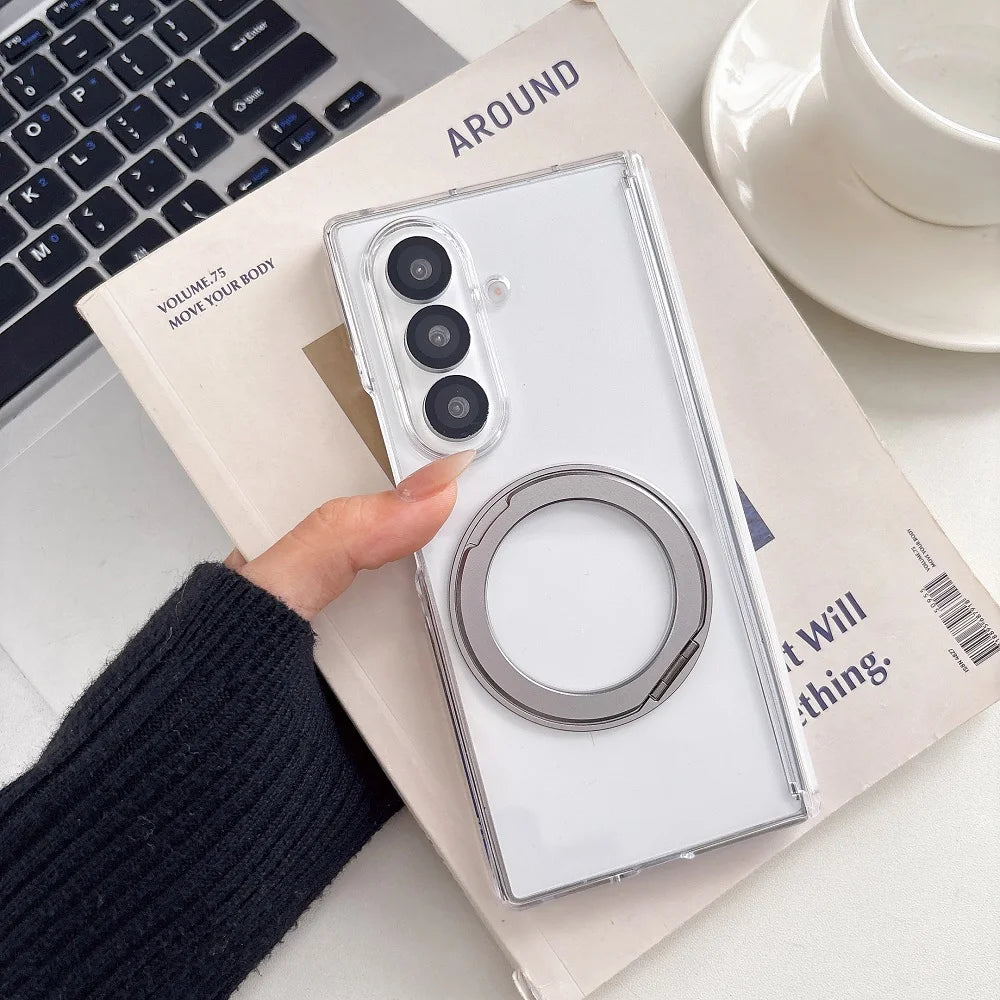 360° Rotating Bracket Transparent Phone Case For Samsung Galaxy Z Fold 7 6 5 4 2pc-Set Hinge Protection Shockproof Back Cover