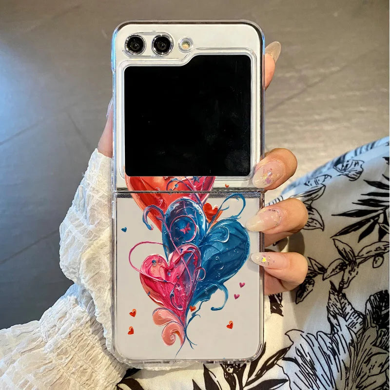 Love Heart Print Clear Folding Phone Case For Samsung Galaxy Z Flip 7 6 5 4 3 5G Transparent Cover For Samsung Z Flip7 FE Flip6