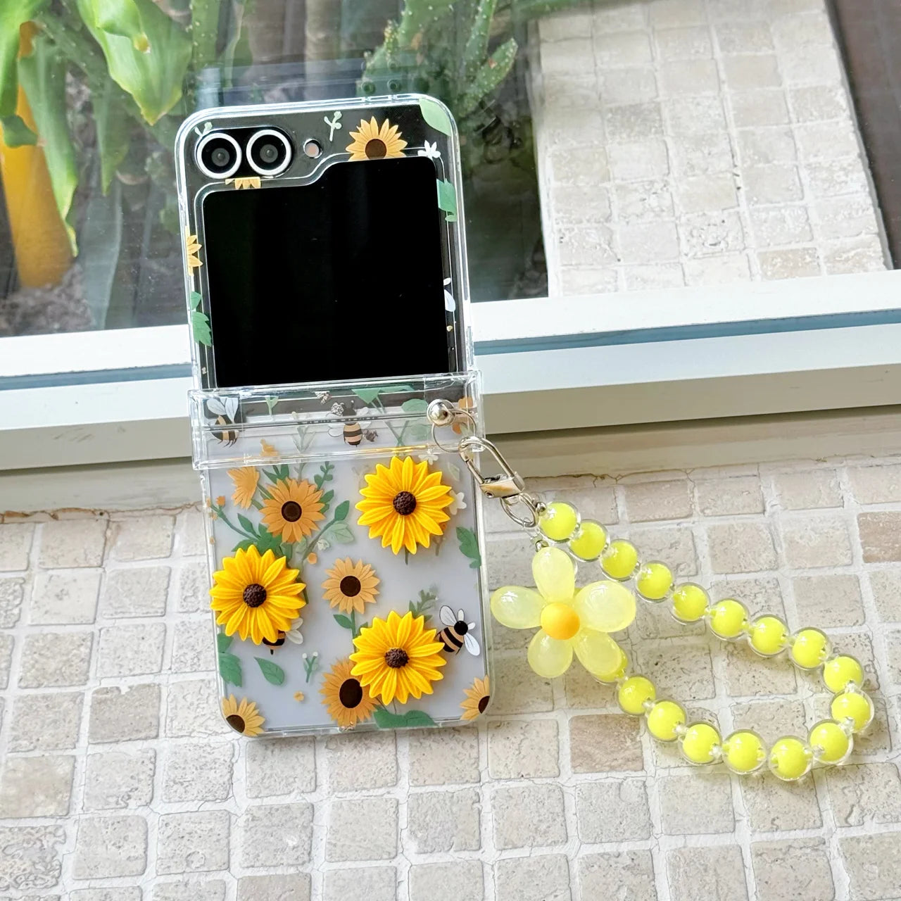 
for Samsung Galaxy Z FLIP 7 FE 6 5 4 3 flip7 Rope Strap Pendant Fold Phone Case 3D Sunflower Peach Blossom Cover﻿﻿